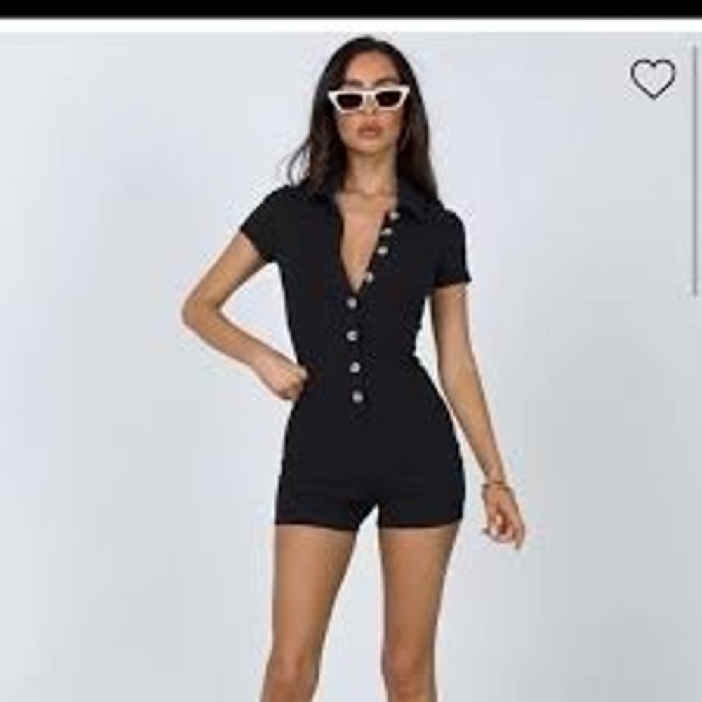 Princess Polly Women Romper 2 Black Ribbed Button Front Short Sleeve Playsuit